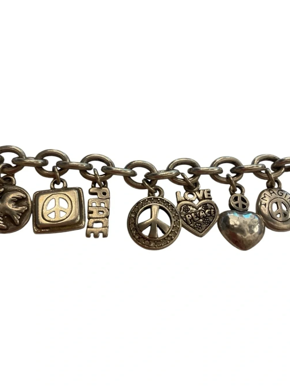 Brighton Women’s Peace Love Heart Silver Charm Bracelet Jewelry great condition